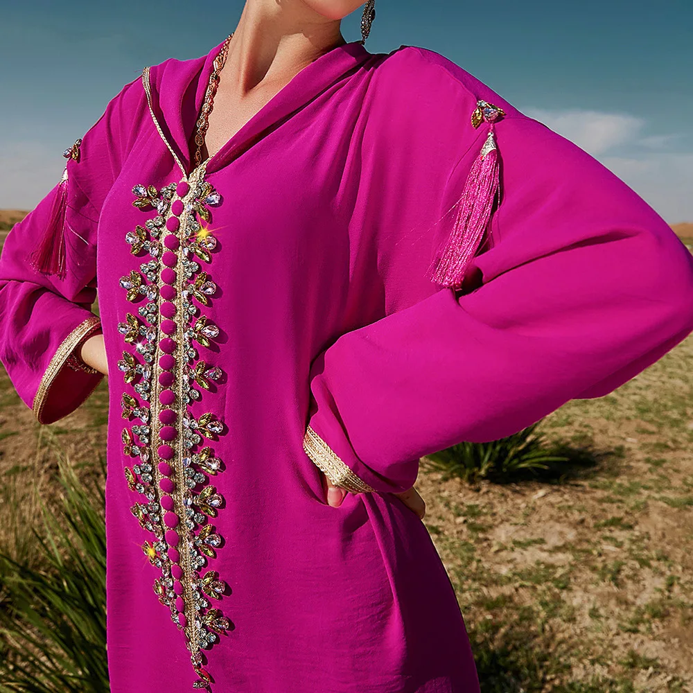 2025 Dubaï Abaya Diamants Femmes Musulmanes Robe À Capuche Eid Djellaba Ramadan Turquie Caftan Maroc Caftan Femme Robe Islam Jalabiya