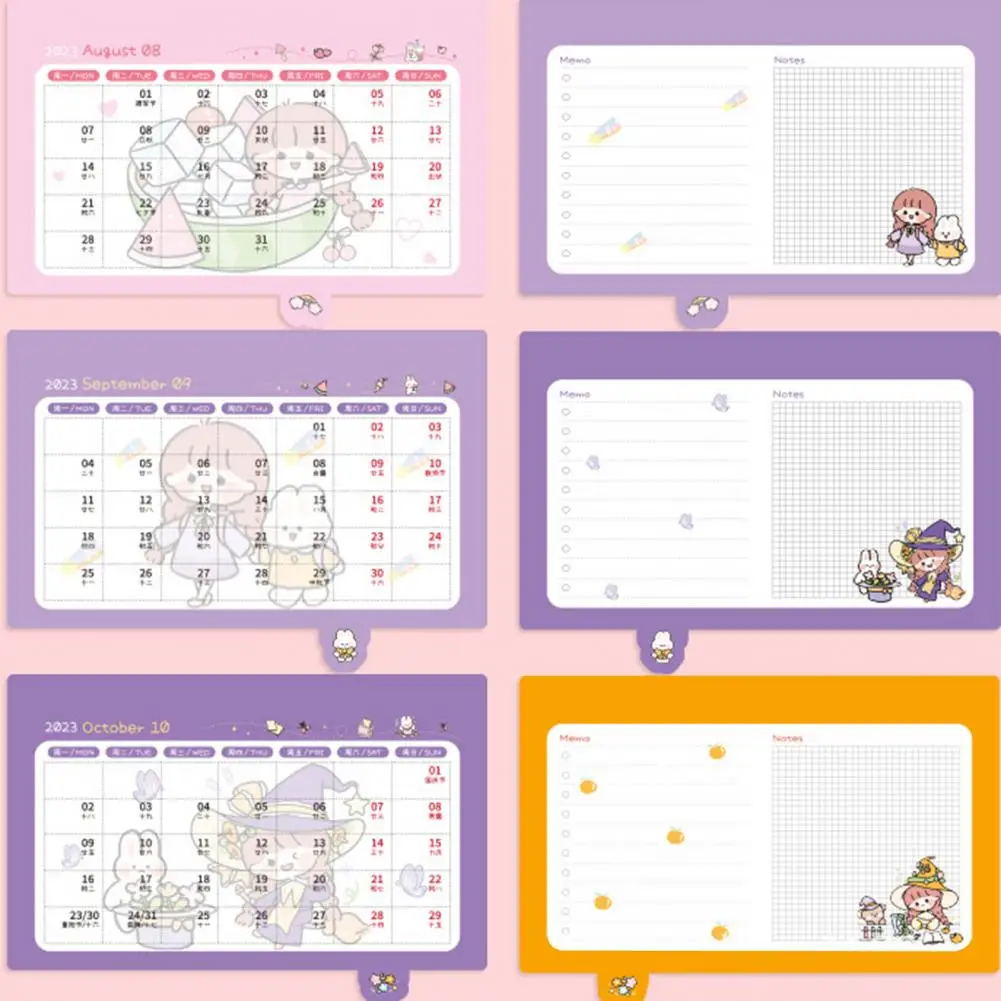 Mini Calendar Ornamental Delicate Pattern Cartoon Design Double Ring Page Turning with Cardboard Base Table Planner Exquisite Wo