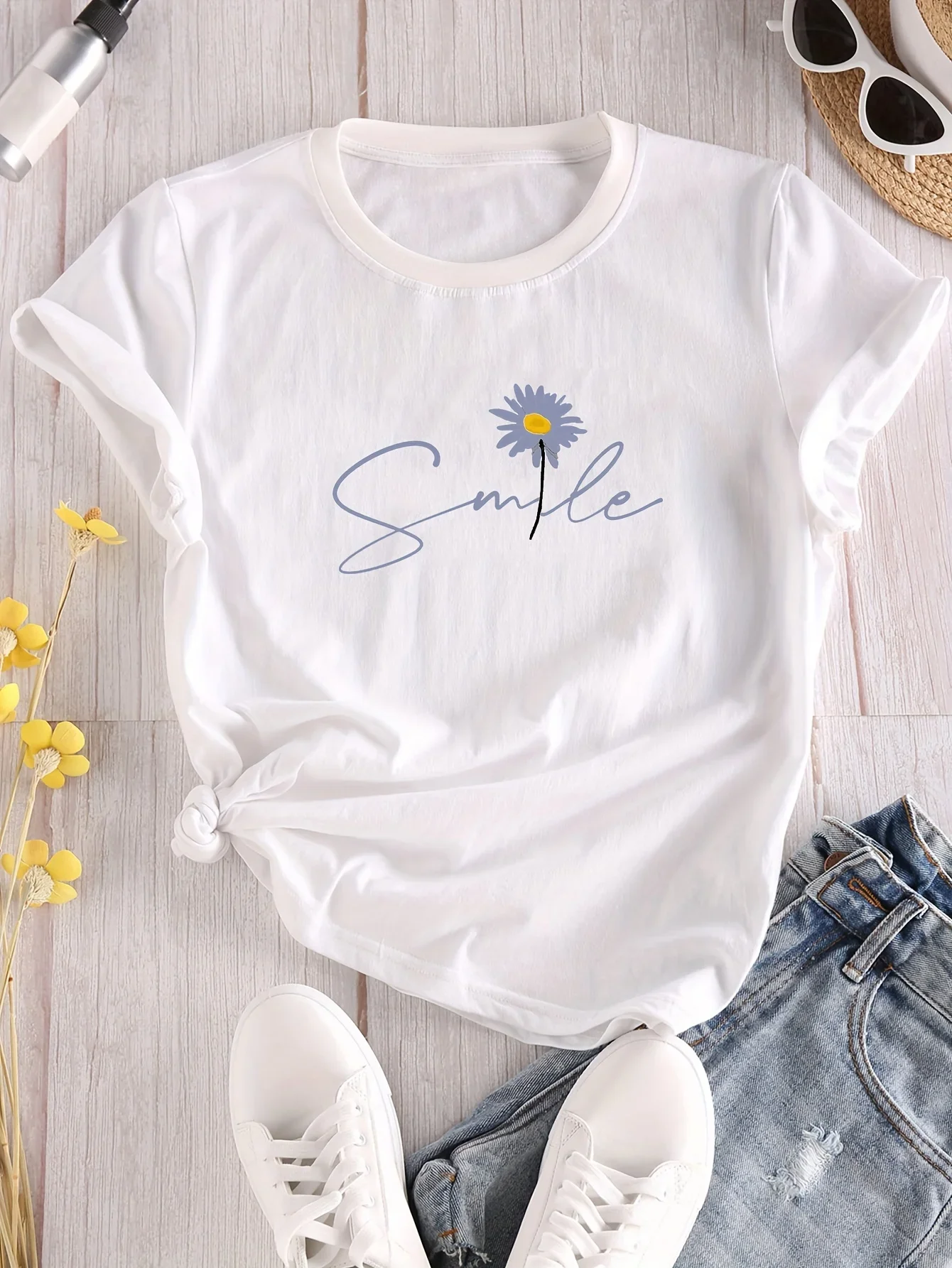 Flower & Letter Print Crew Neck T-Shirt, Casual Short Sleeve T-Shirt for Spring & Summer, Women's Clothing High Quality Cotton