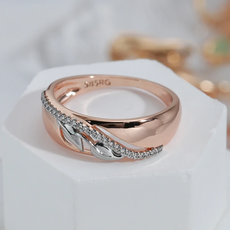 Luxury Silver Color Leaf With Zircon Women Rings Smooth Metal 585 Rose Gold Plated Simple Jewelry Girl Unusual Party Accessories