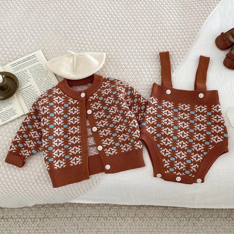 2024 New Autumn Infant Baby Girls Knitted Clothing Suit Long Sleeved Knitted Cardigan+Jumpsuit Children Knitted Clothes Set