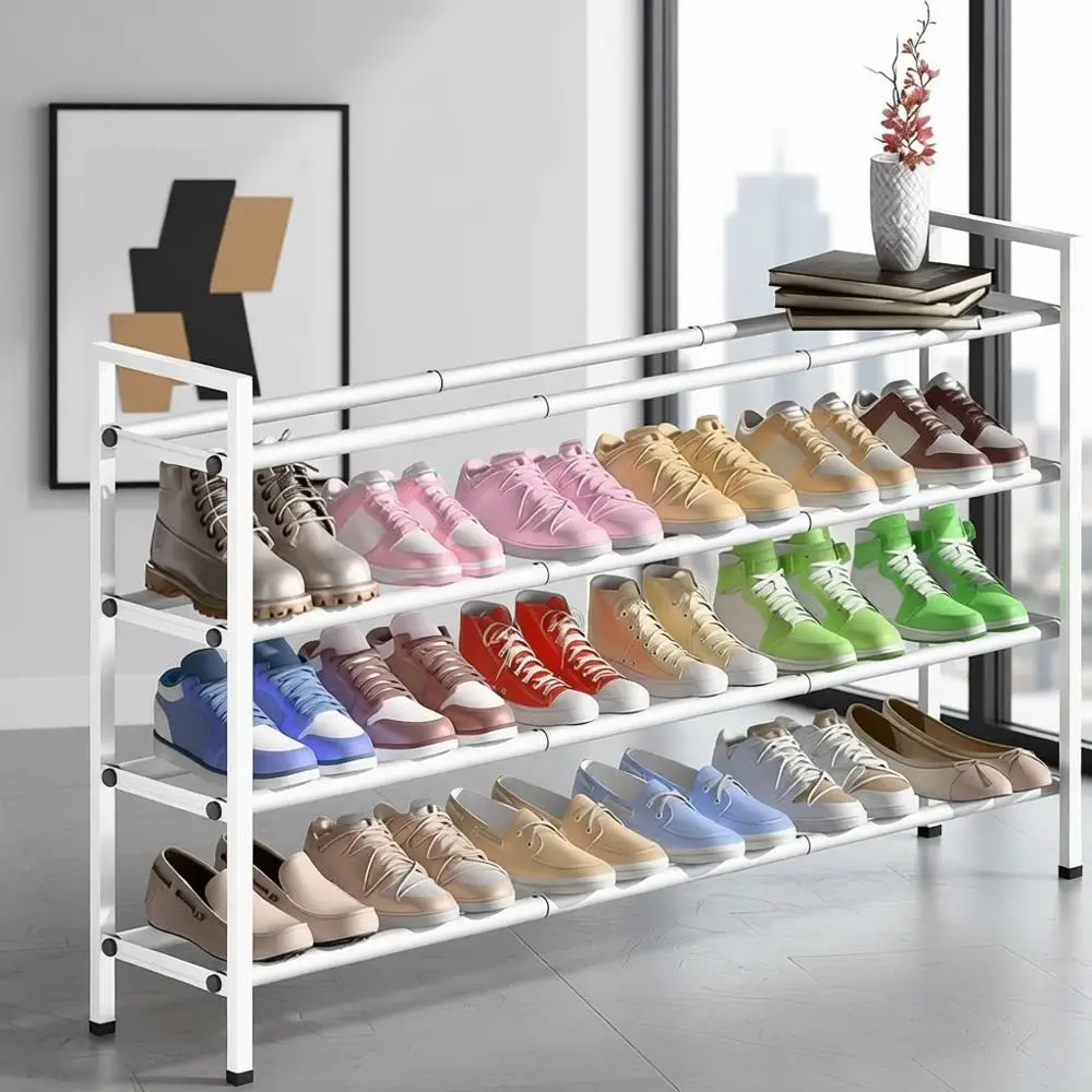 

Expandable 4-Tier Shoe Rack, Adjustable 18-44 Width, Holds 20-24 Pairs, Metal Organizer, White