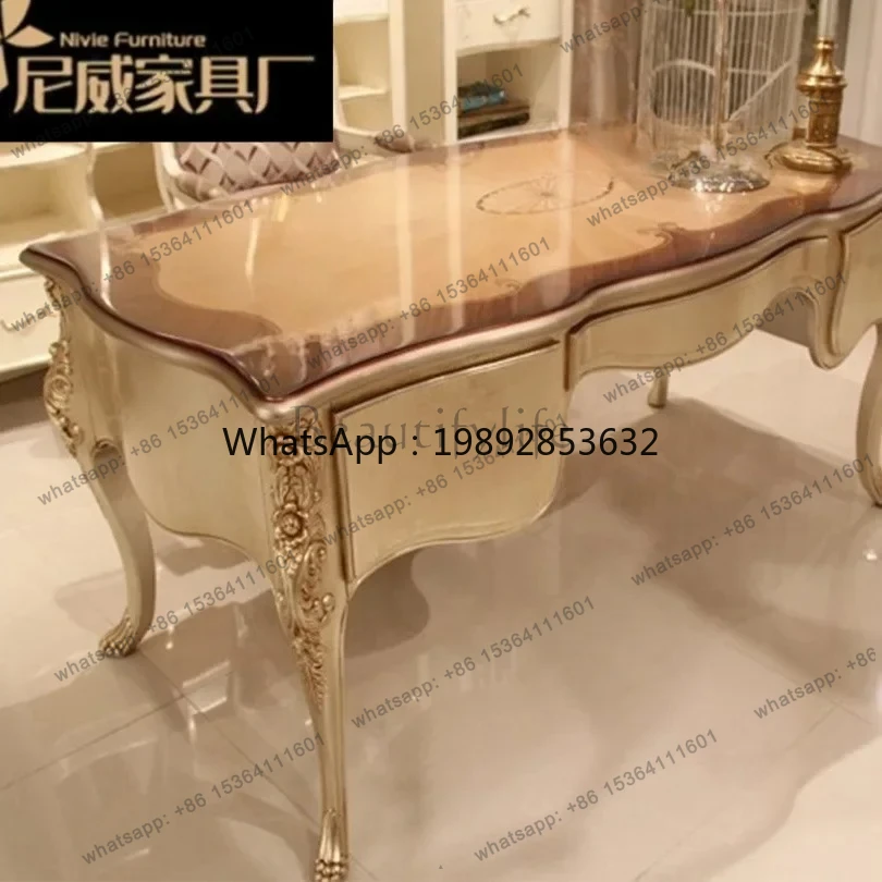 FF Luxury European study furniture, large solid wood carving flower writing desk, French home desk