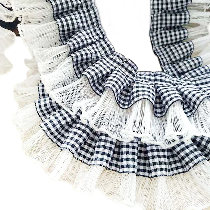 1Yard White Black Plaid Pleated Ribbon Embroidery Lace Fabric Handmade Sewing Clothes Garment Collar Trims Decor Accessories