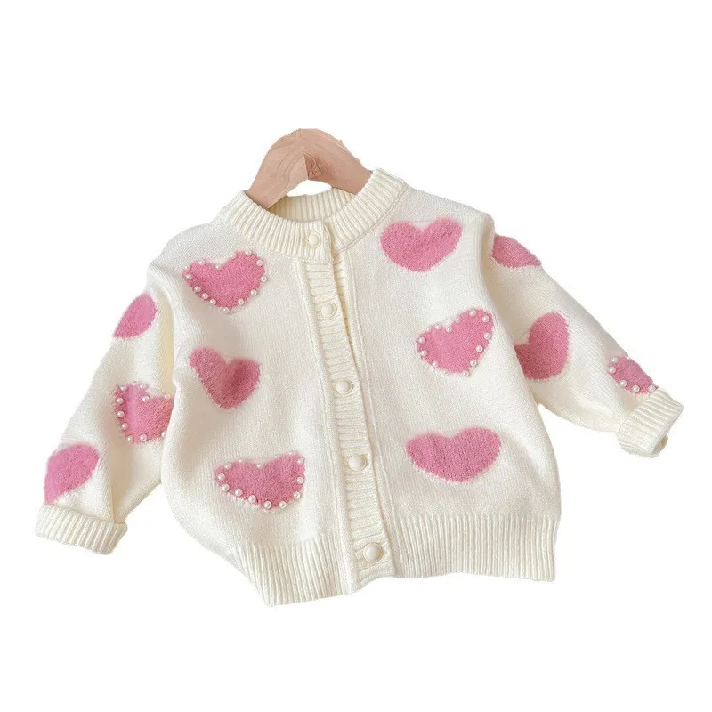 Children\'s Pink Heart Pearl Color Matching Knitted Cute Casual Sweater Cardigan Girl Spring and Autumn Jacket