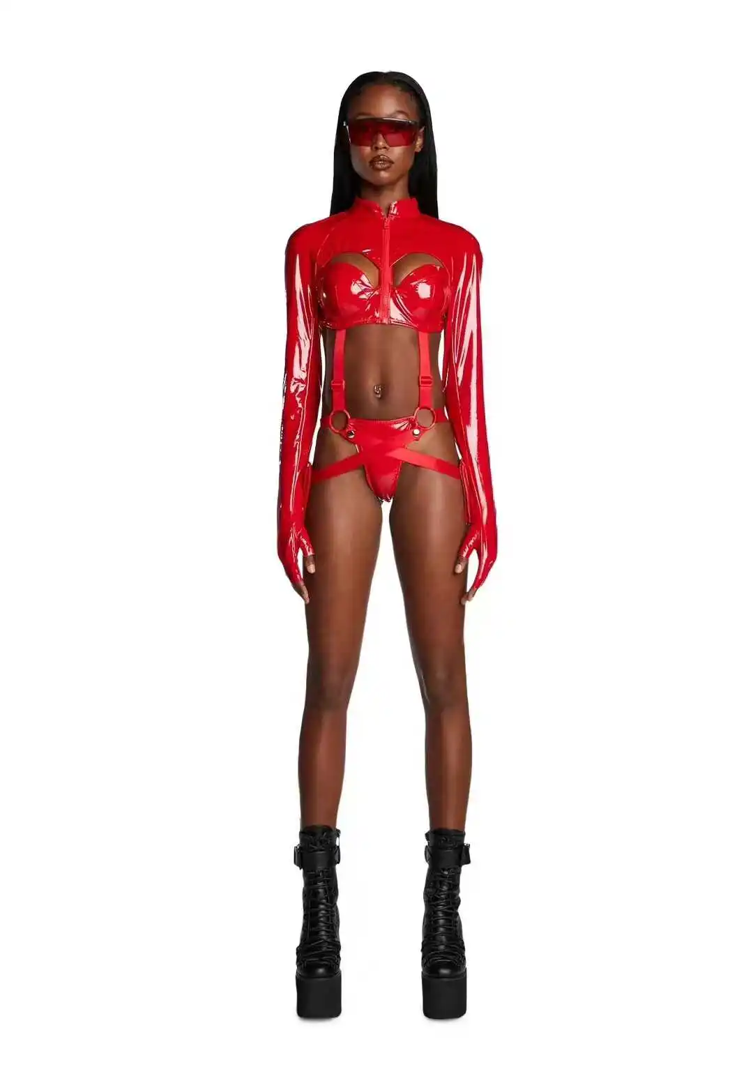 New dark spy functional style hollow out spicy leather jumpsuit deconstructive sexy niche top bar performance outfit Set