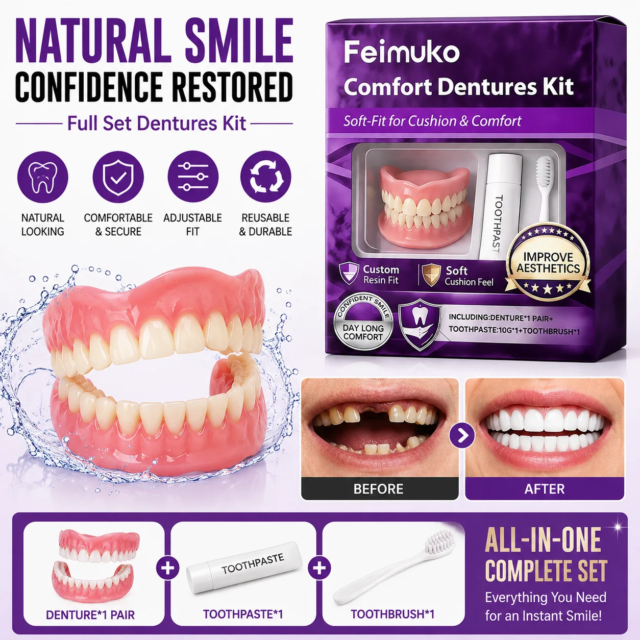 Full Set Silicone Dentures Upper and Lower Silicone Fake Teeth Braces Natural-Looking Comfortable Adjustable Daily Oral Care