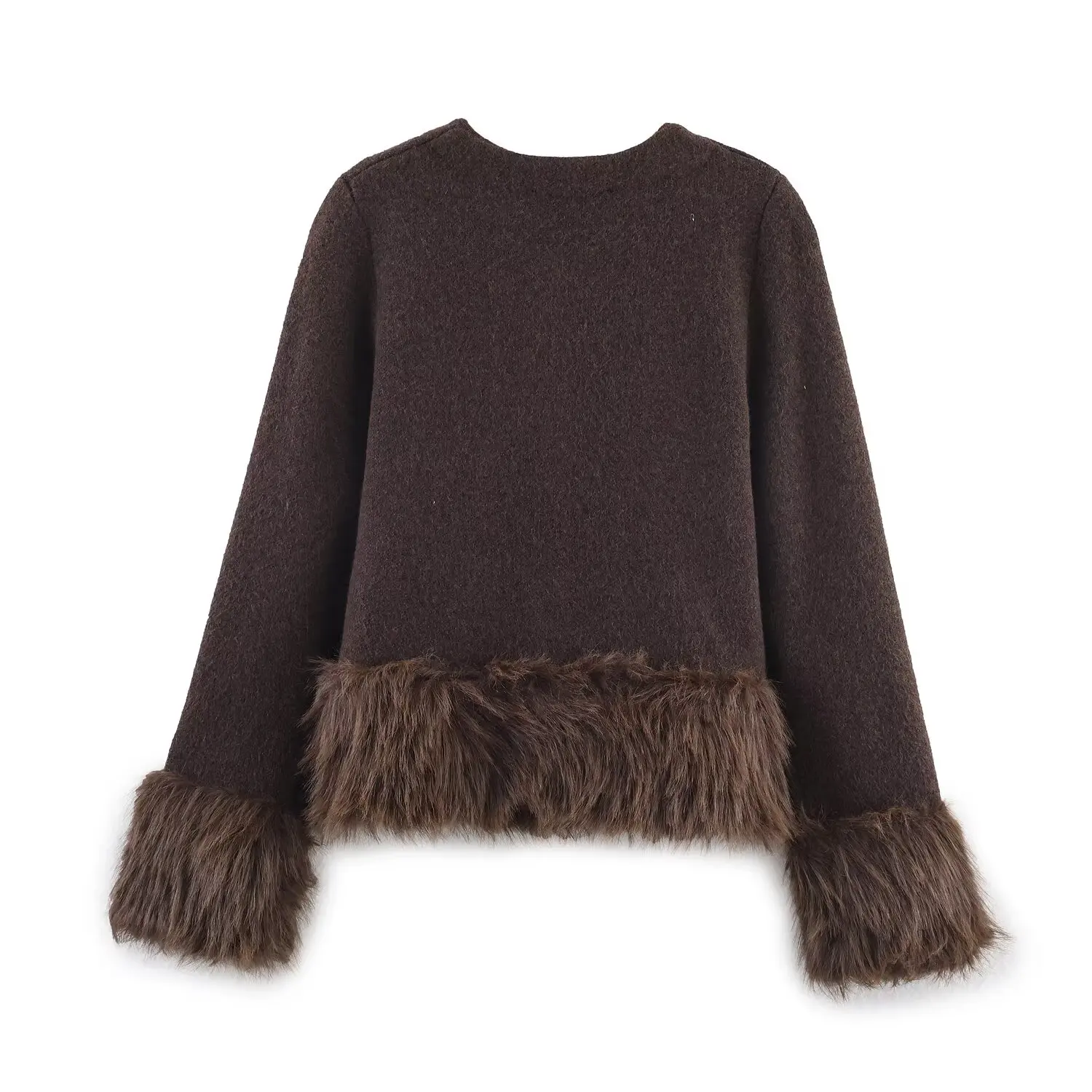 KONDALA Fashion 2025 Autumn Vintage Women V Neck Flurry Knitwear Elegant Brown Long Sleeve Sweater Luxurious Patchwork Outwear
