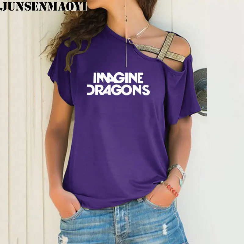 Woman t shirt Imagine Dragons Funny Tee Top Short Sleeve Female clothing T-Shirt Irregular Skew Cross Bandage Tops