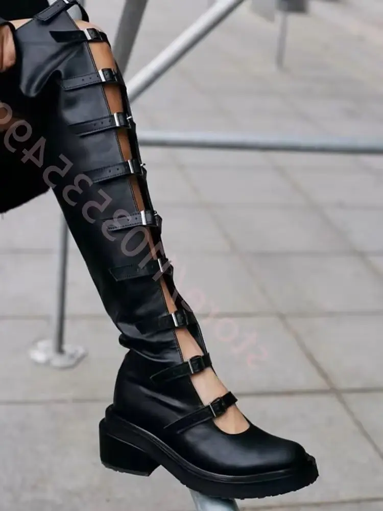 

Women's Punk Style Over-The-Knee Boots Fashion Runway Streetwear Chunky Heel Boots Black Buckle Strap Cut-Out Platform Boots