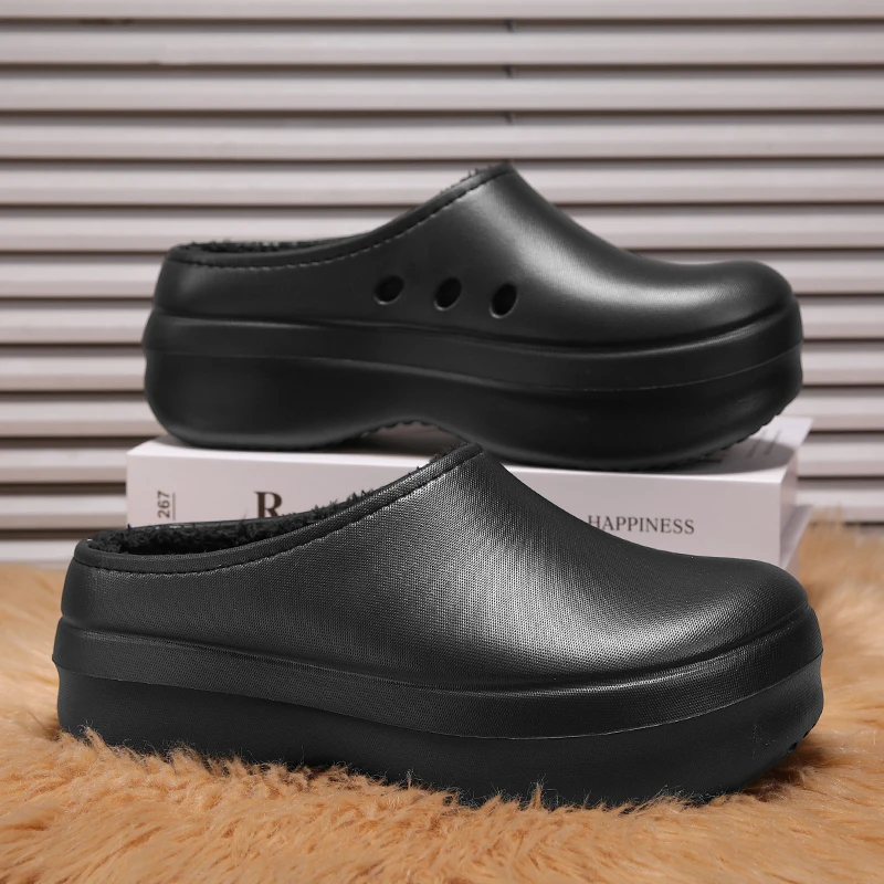 Unisex Winter Warm Slippers Chunky Platform Mules Plush Lined House Clogs Closed Toe Easy Clean Indoor Outdoor Shoes