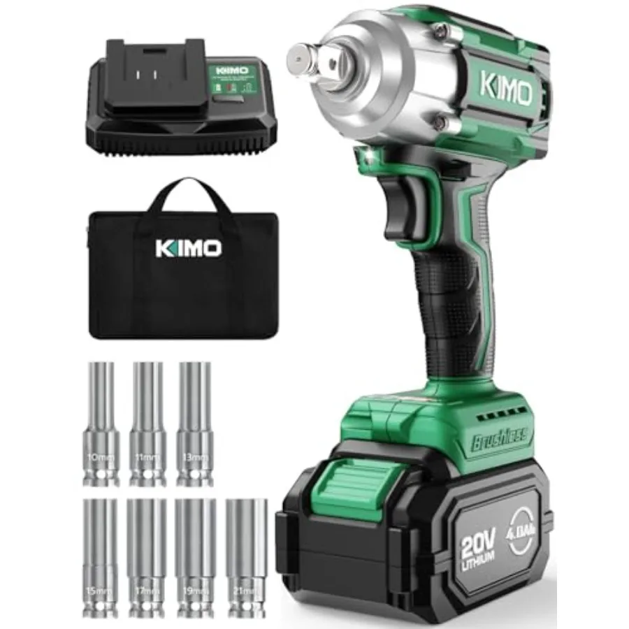 

KIMO Cordless Impact Wrench 1200N.m/900ft-lbs 4000 RPM 7Sockets High Torque Brushless Wrench with 3/8 Chuck 4000mAh Li-ion Batt