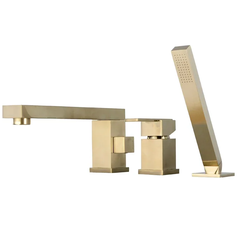 All-copper hot and cold cylinder edge bathtub faucet Split four-piece set Sitting 4-hole shower rotating