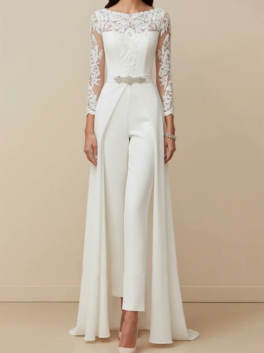 Elegant O-Neck Lace Sashes Full Sleeve Jumpsuit Bride Wedding Dresses Bridal Gowns Customized