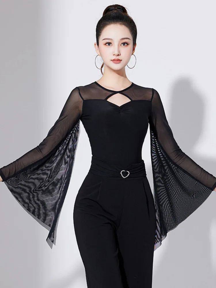 메쉬 패치워크 플레어 슬리브 슬림 롬퍼 – 공연 및 대회를 위한 우아한 모던 댄스 무대 의상 Waltz Adult Top