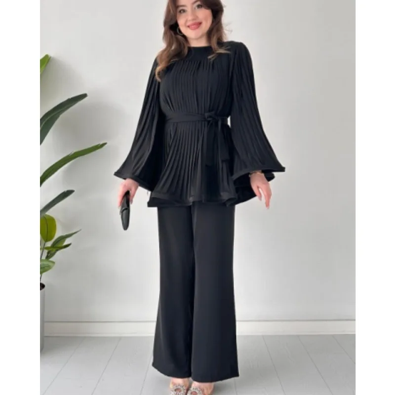 

Fashion Spring Summer Women High Waist Solid Casual Pleated Top And Wide Leg Pants Trousers set