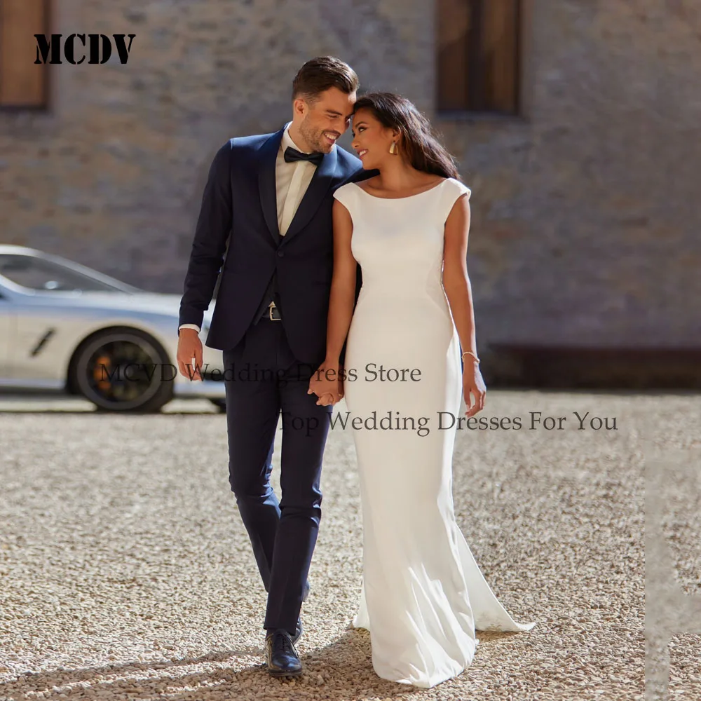 MCDV Luxus Hochzeit Kleid Applique Scoop Backless Cap Sleeve Meerjungfrau Satin Braut Party Kleider Angepasst vestido de novia boda