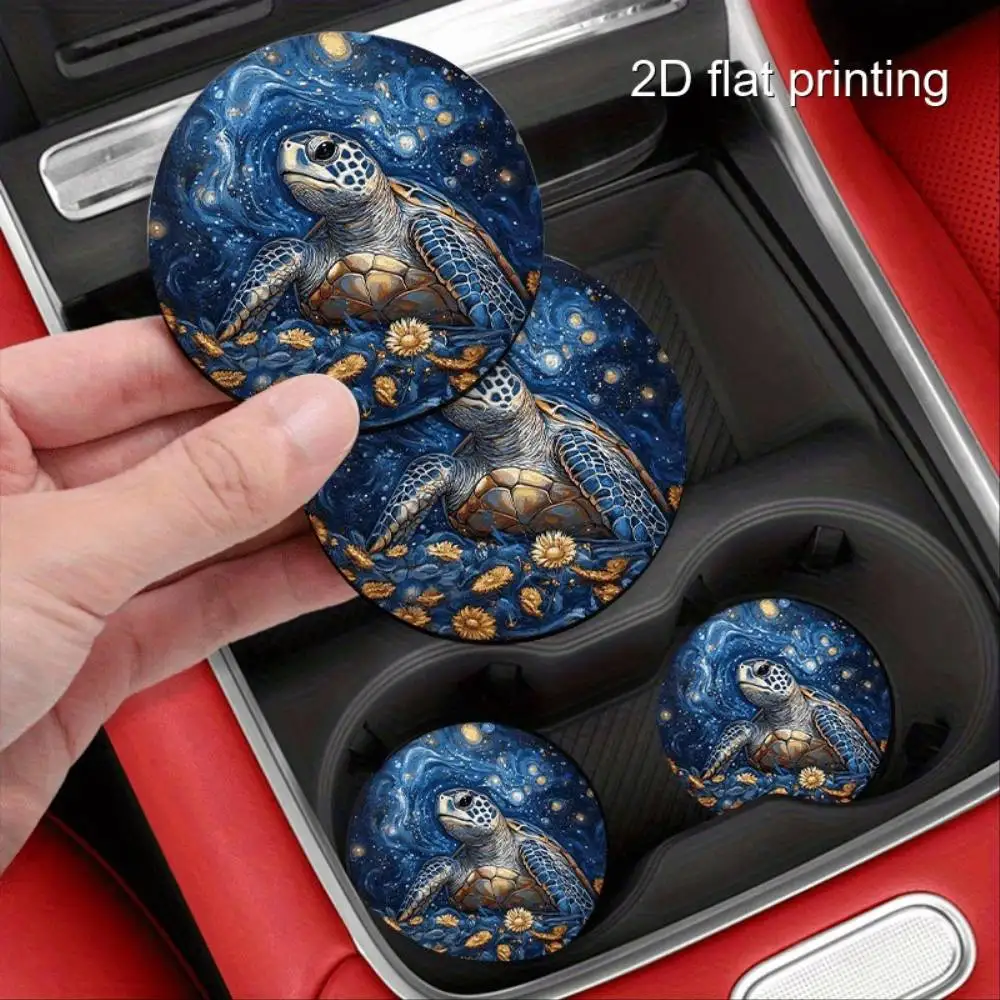 Van Gogh Starry Night Sea Turtle Car Coasters Set Of 2. Prevent Spills & Moisture Suitable For Vehicles.