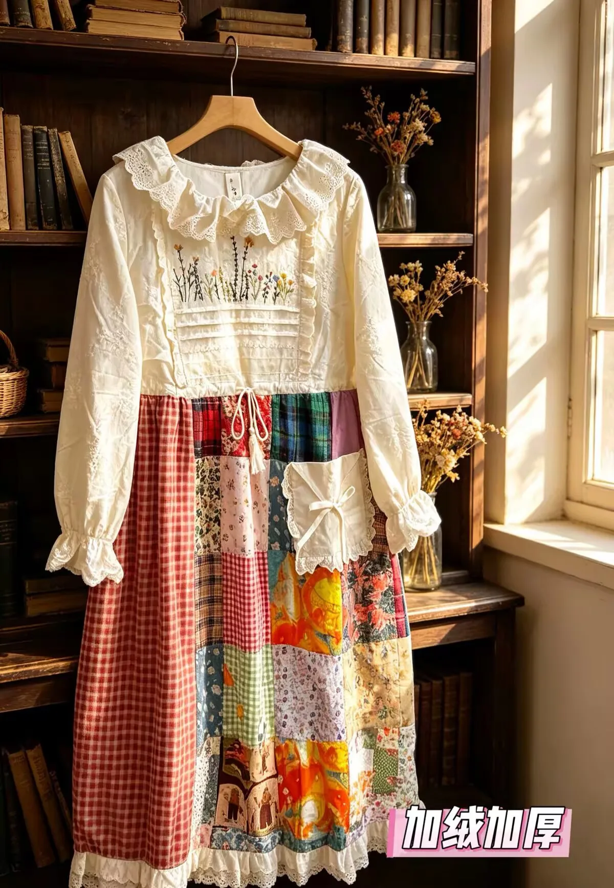 Autumn Winter Forest-style Retro Embroidery Patchwork Inner Fleece Long-Sleeve Dress Princess Dress For Women