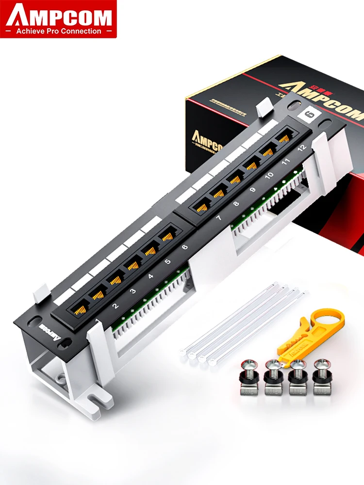 Panel krosowniczy AMPCOM 12-portowy Cat 6A / Cat6 UTP Mini z uchwytem do montażu na ścianie, czarny — zdjęcie produktu 7