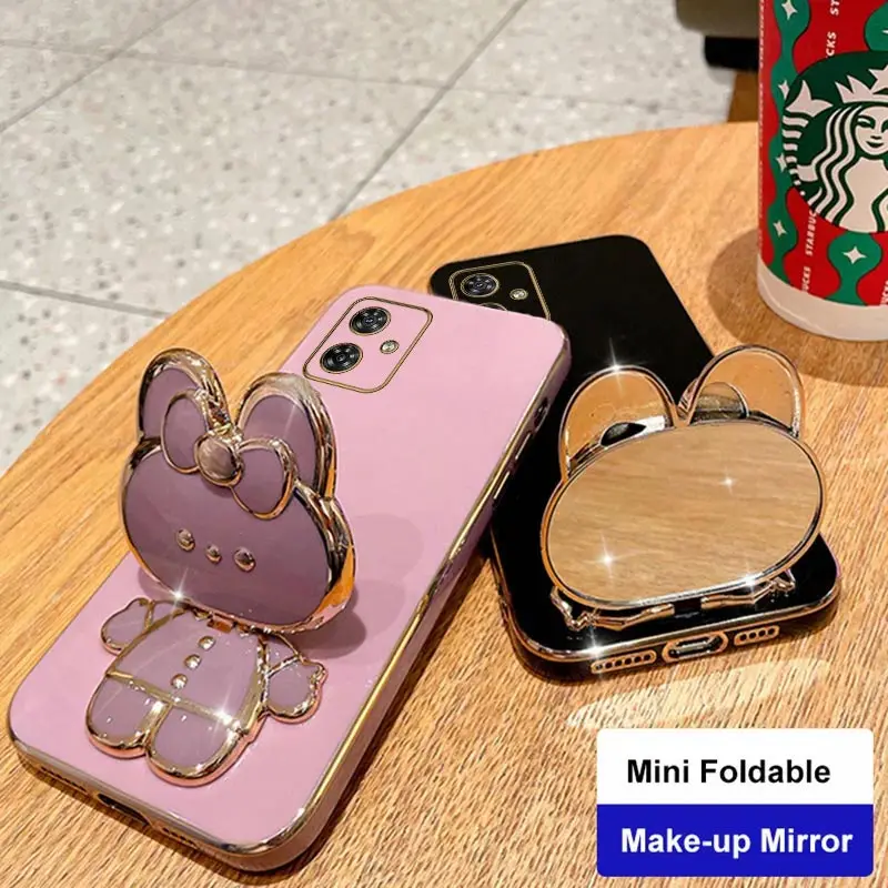 G54 Rabbit Makeup Mirror Holder Plating Phone Case For Motorola Moto G54 Shatterproof Camera Protection Moto G54 Soft Back Cover