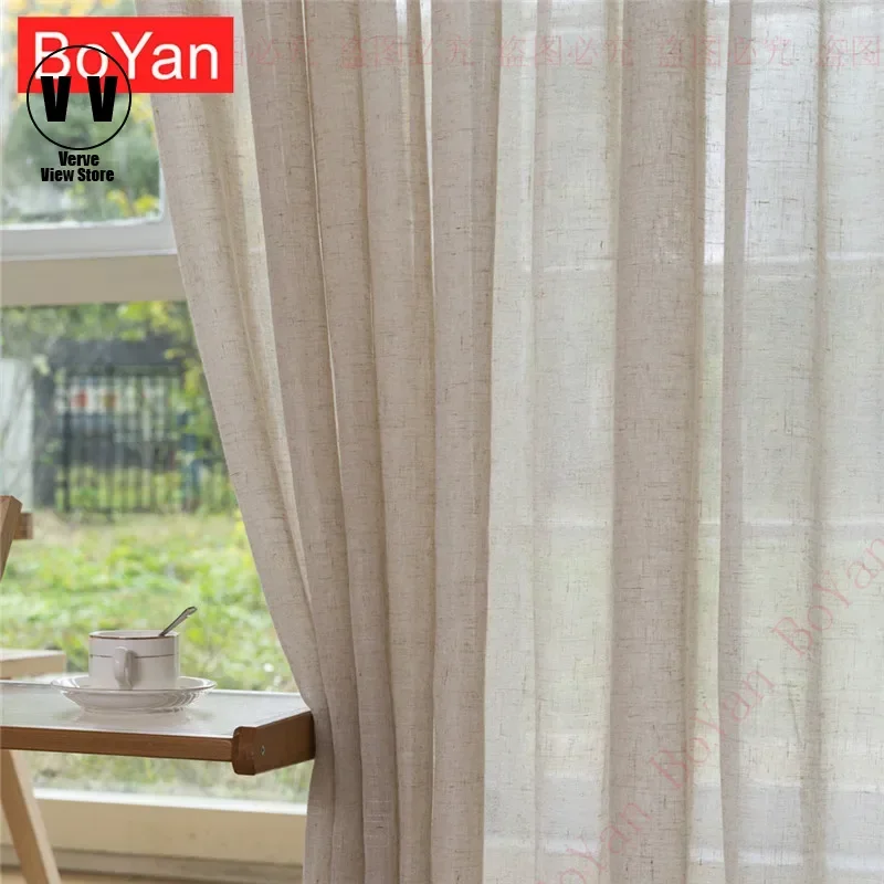 

2 Colours Modern Solid Home Linen Like Sheer Window Curtains for Living Room White Beige Tulle Flax Voile Kitchen Drapes Bedroom