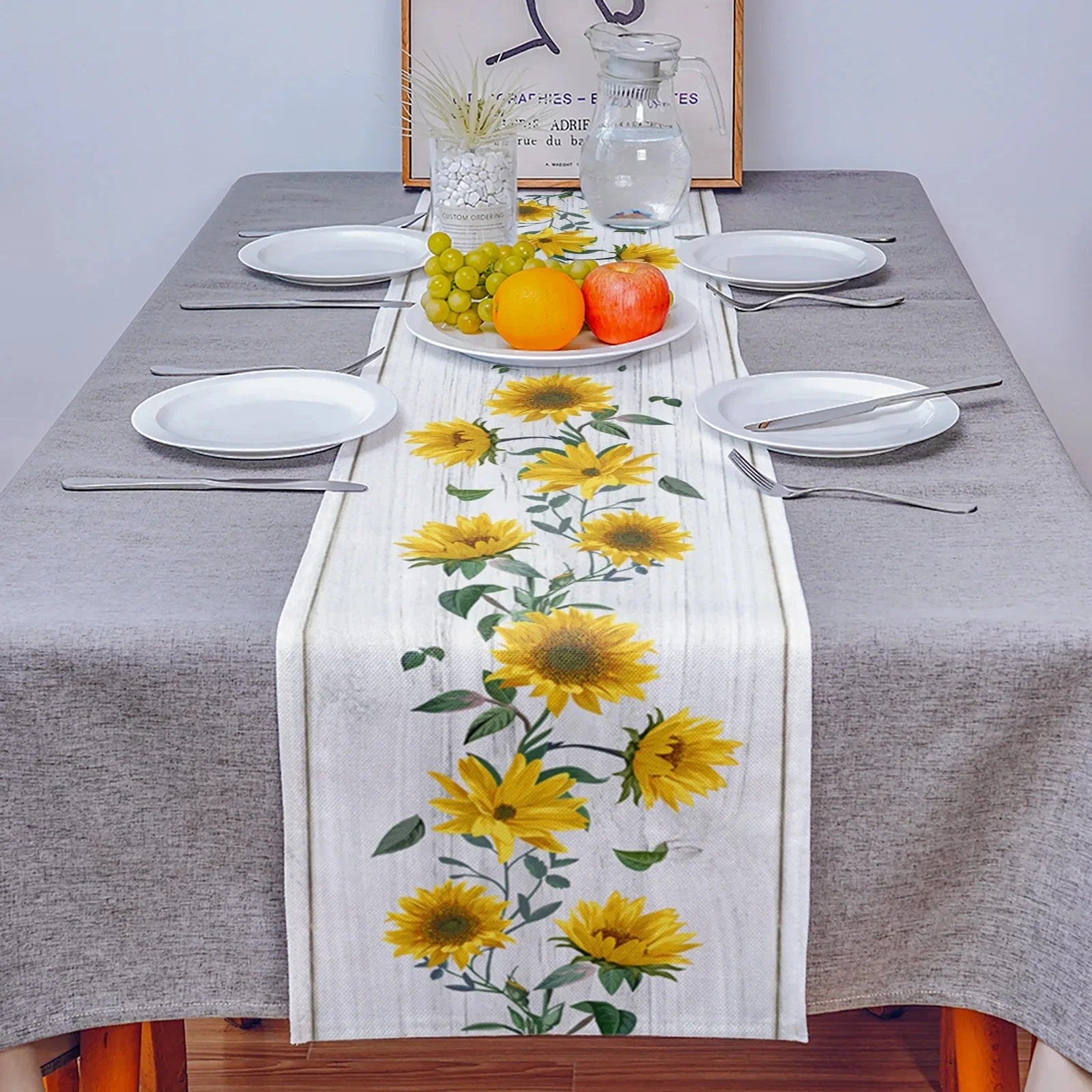 Summer Sunflower Wood Grain Linen Table Runners Dresser Scarves Reusable Farmhouse Kitchen Dining Table Runners Party Decor