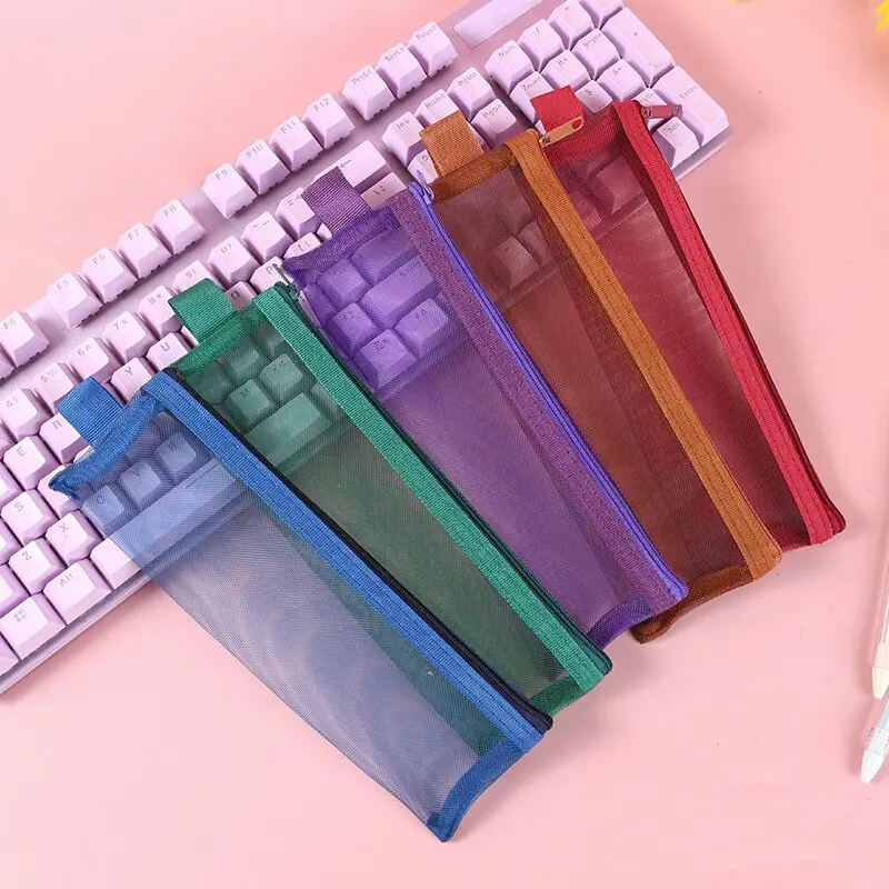 Vintage Color Mini Mesh Pencil Case Portable Zipper Cosmetic Bag for Students Exam Essentials Pencils Ruler Organizer
