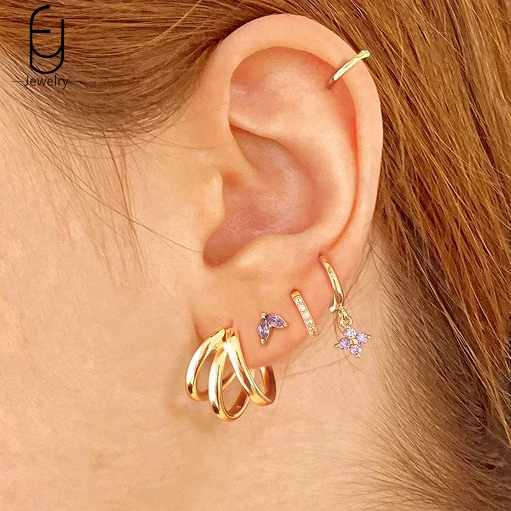 925 Sterling Silver Needle High Quality Purple Zircon Gold Hoop Earrings For Women Trend Heart Earring Hoop Party Luxury Jewelry