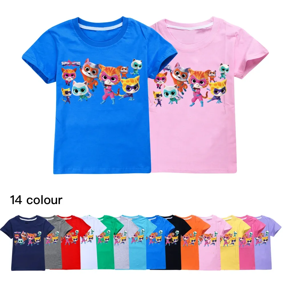 

Game Super Kitties T Shirt Kids Clothes Boys Pure Cotton T-shirts Toddler Girls Short Sleeve Casual Tops Children's Clothing