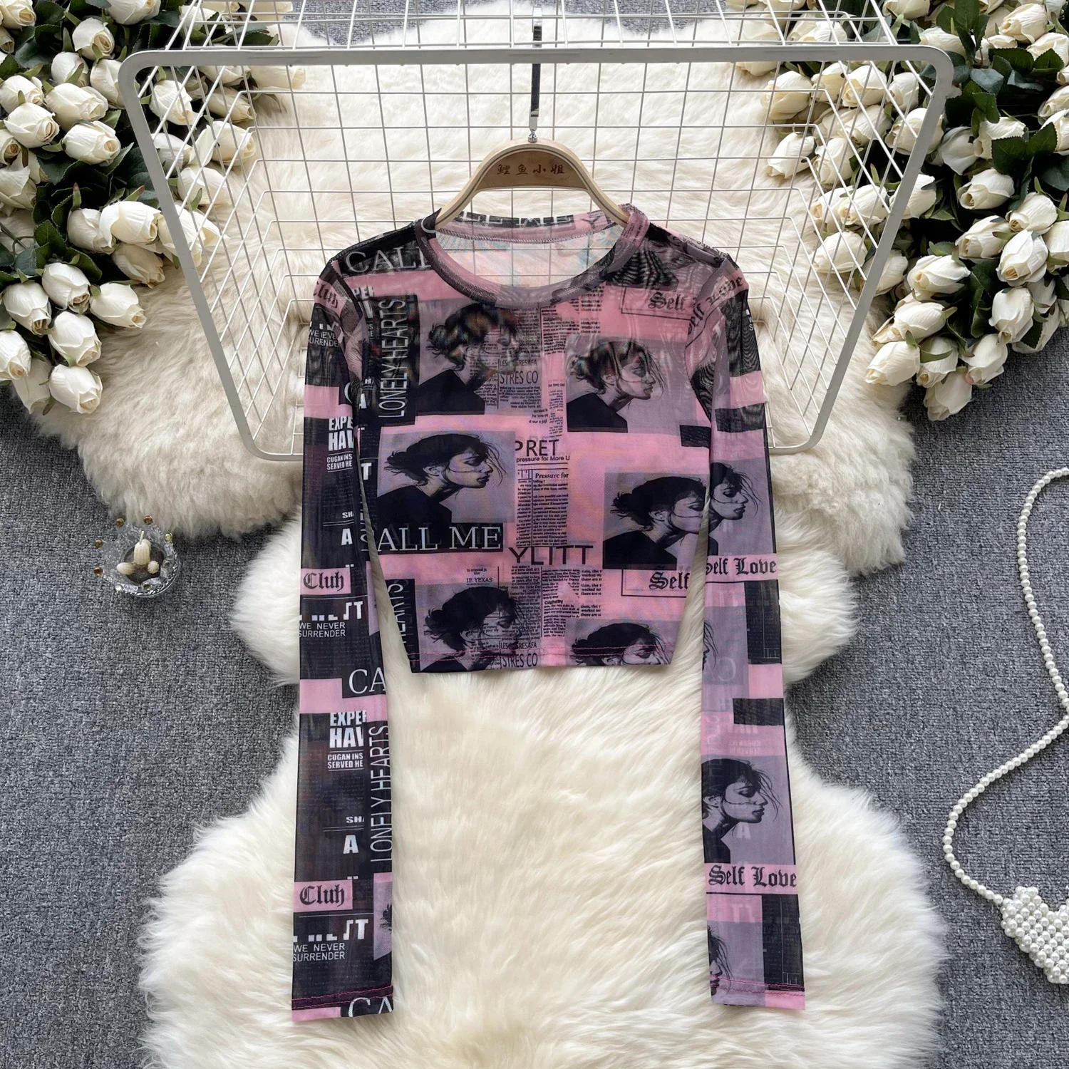 Women Chic Mesh Print Long Sleeve Top Slim Sexy Korean T-shirt Fashion O Neck Summer Women Shirt