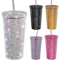 500ml Straw Cup With Lid Reusable Rhinestone Stainless Steel Double Layer Thermos Cups Women Glitter Cup Water Bottle Gift 2023