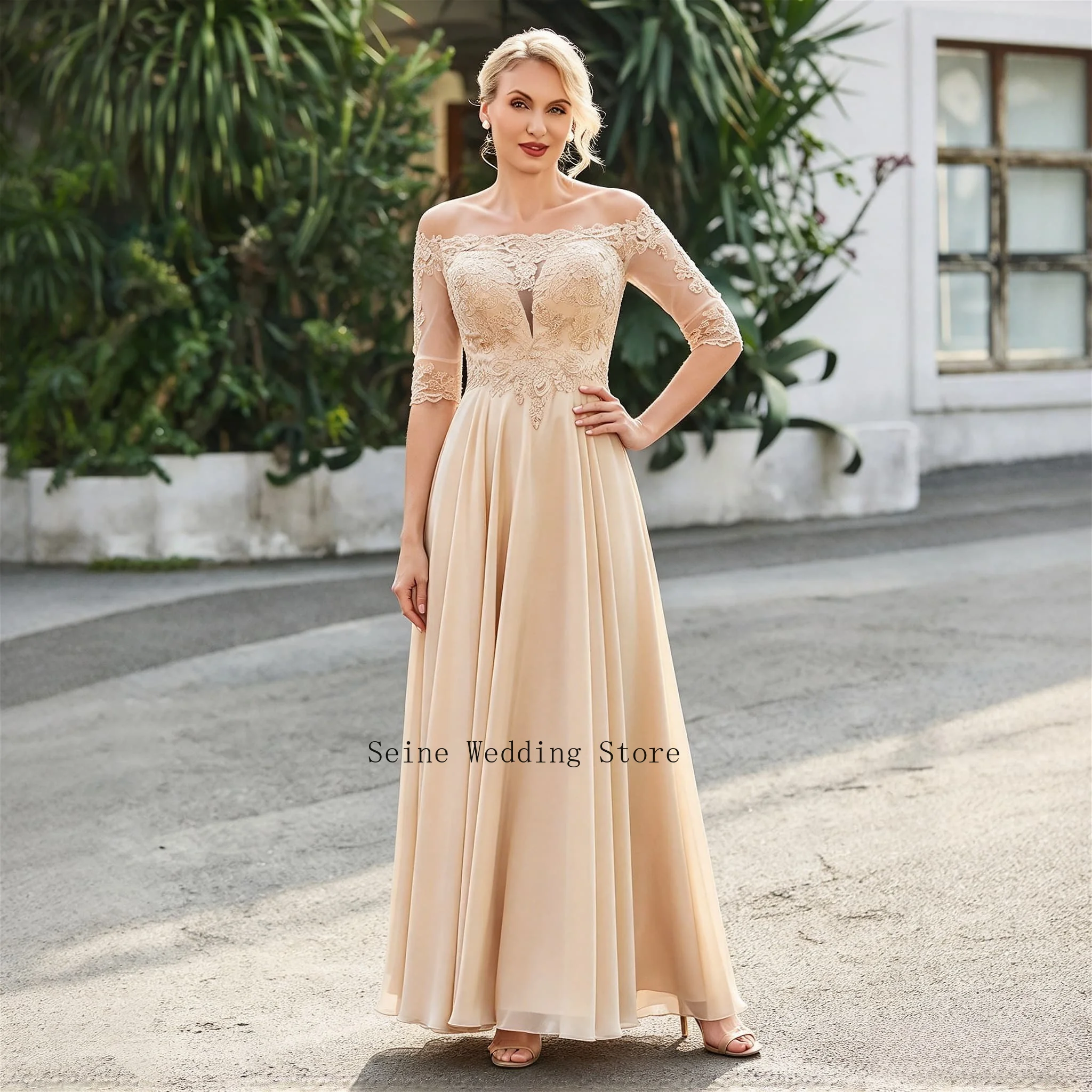 Customized Champagne A Line Chiffon Mother of The Bride Dress Lace Appliques Off Shoulder 3/4 Sleeve Wedding Party Formal Gown