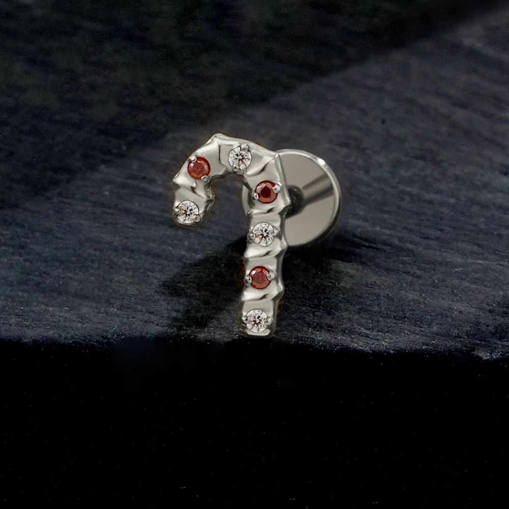 Right Grand ASTM F136 Titanium Christmas Candy Cane Flat Back Earring 16G Cartilage Helix Tragus Lobe Piercing Stud Labret Monroe Jewelry Christmas Gift Jewelry