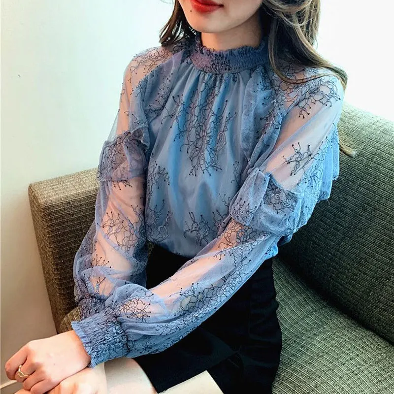 

Female Clothing Sweet Ruffles Spliced Blouse Spring Autumn Half High Collar Stylish Shirring Printed Commute Long Sleeve Shirt