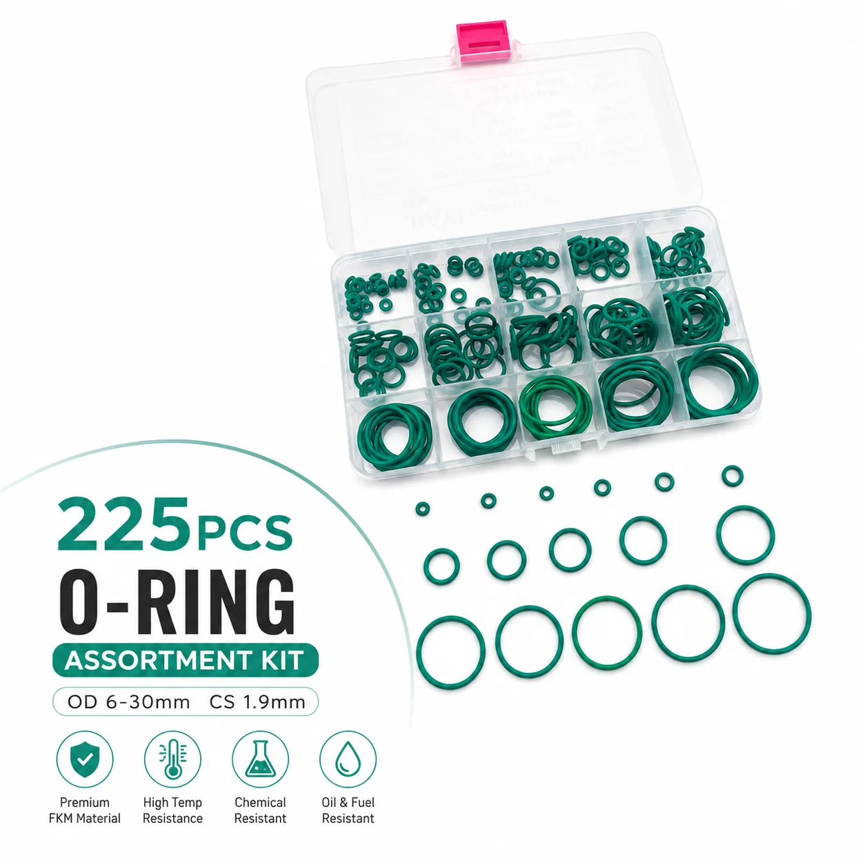 225 Pieces FKM Fluororubber O-ring Repair Kit, Inner Diameter 6-30mm  Section 1.9mm, Oil And High Temperature Resistant Seal