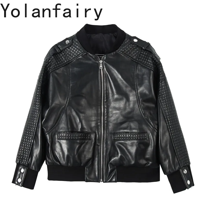 YOLANFAIRY Genuine Sheepskin Leather Jacket Women 2026 Long Sleeve Casual Real Leather Coat Autumn Baseball Jackets Streetwear