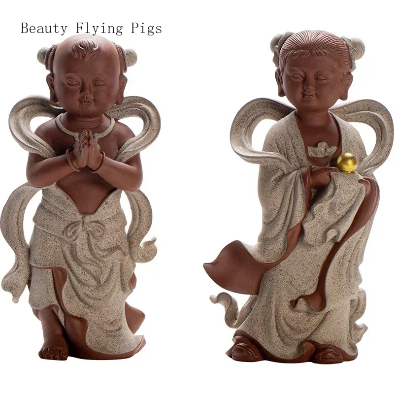 2PCS Ceramic Golden Boy and Jade Girl Ornament Traditional Chinese Feng Shui Lucky Crafts Living Room Accessories Gifts