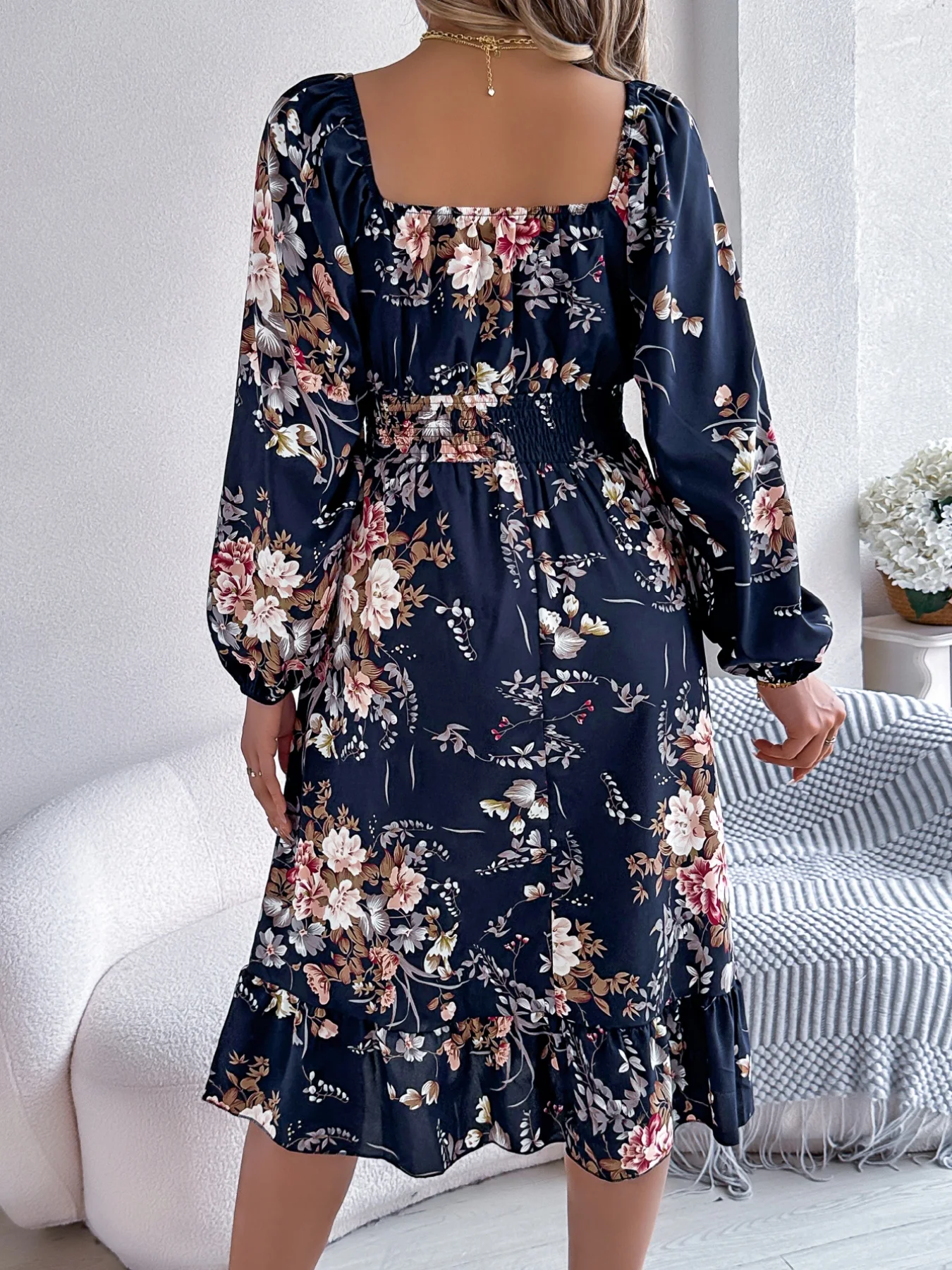 Square Neck Floral Print Cinch - Midi Skirt Floral recension och pris