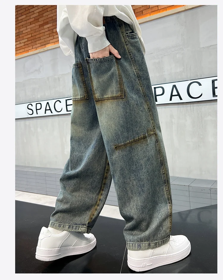 Amerikanische Kinder Retro Street Loose Fit Jeans für Jungen, Hochgeschnittene Casual Kinder Vintage Denim Hosen, Teenager Jeans 5-14 – Detail 5