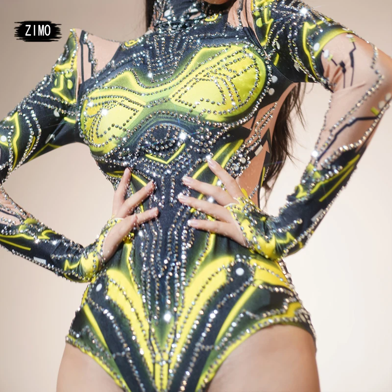 

fashion rhinestones golden glitter printed bodysuit women pole dance leotard long sleeve sexy party nightclub drag queen outfits