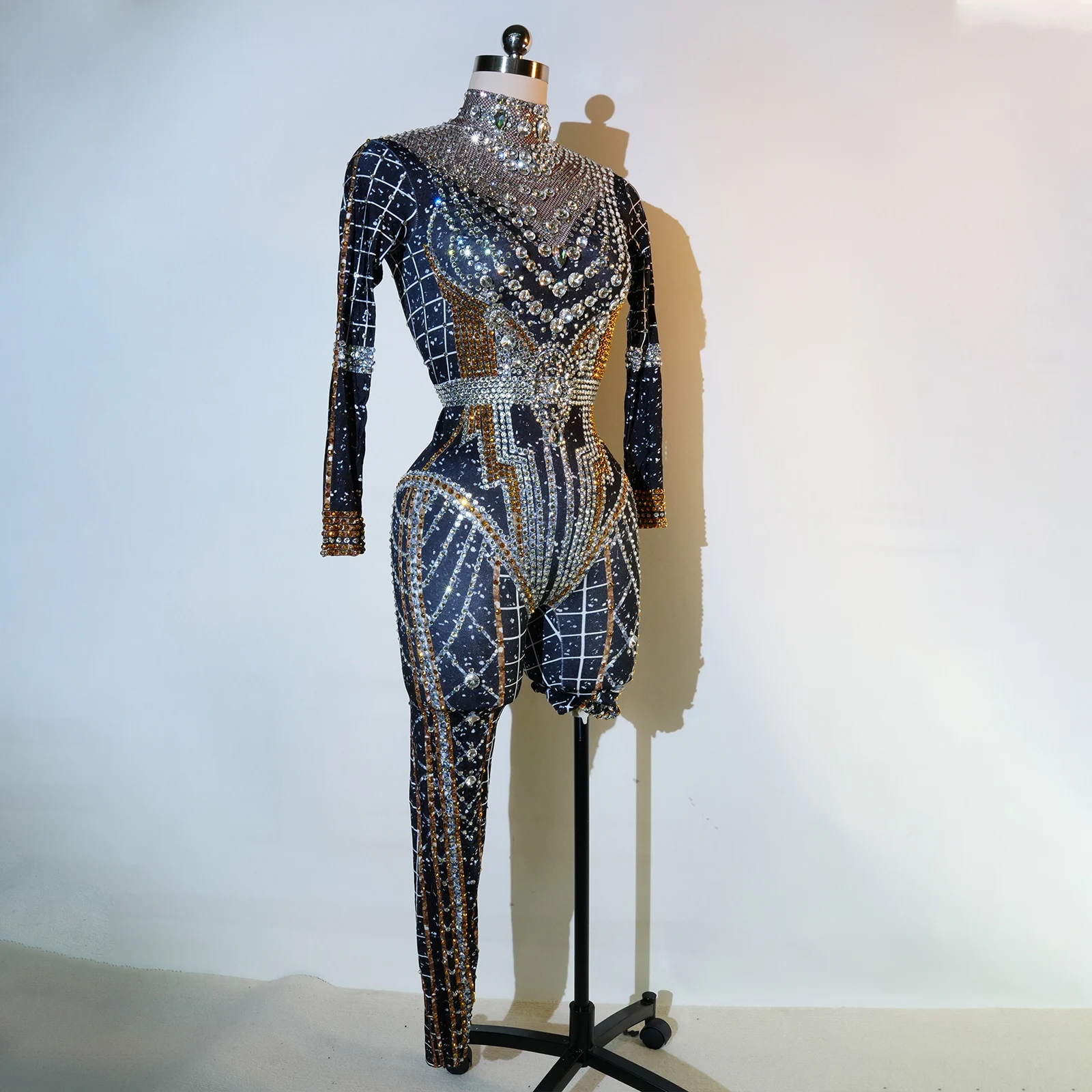 الماس حزب الزي الفاخرة سباركلي حجر الراين أزياء ملهى ليلي راقصة القطب الرقص الأسود بذلة الأداء البهلوانية زي #1