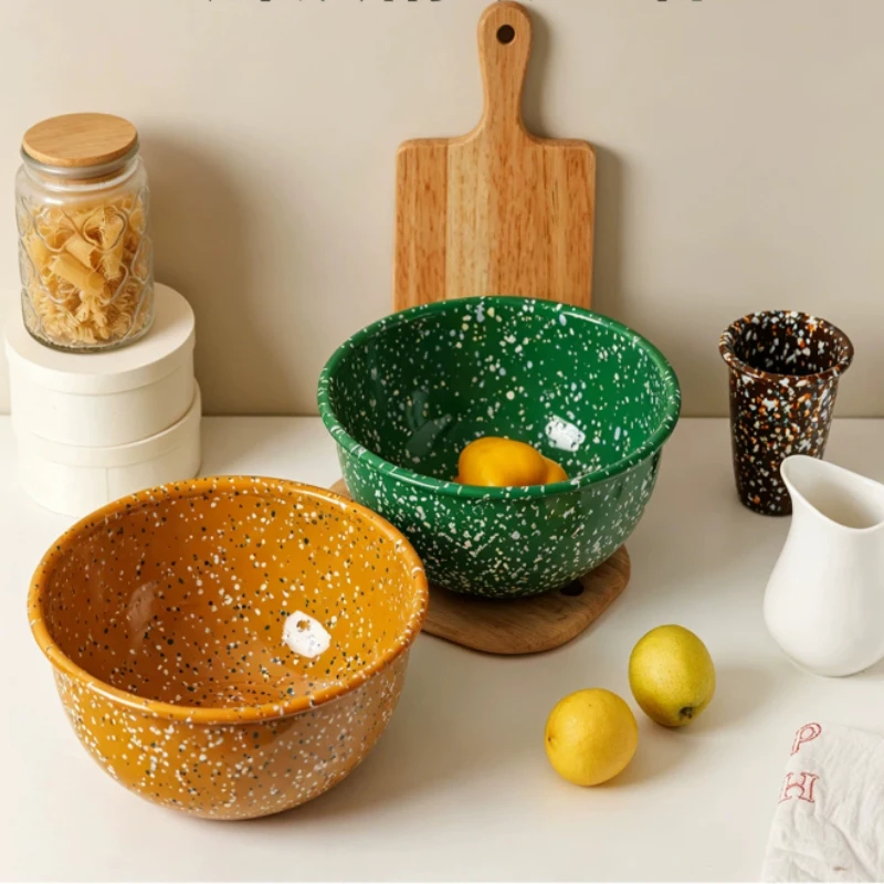 Can Be Open Flames Use Korean Retro Splatter Enamel Bowl with Lid Dessert Salad Bowl Exquisite Breakfast Basin Large Ramen Bowls