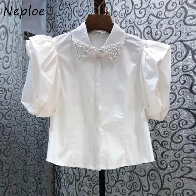 Neploe Chic Vintage Blouses Femme French Beaded Lapel Puff Sleeve Shirt  2025 Summer New Design Versatile Slim Fashion Blusas