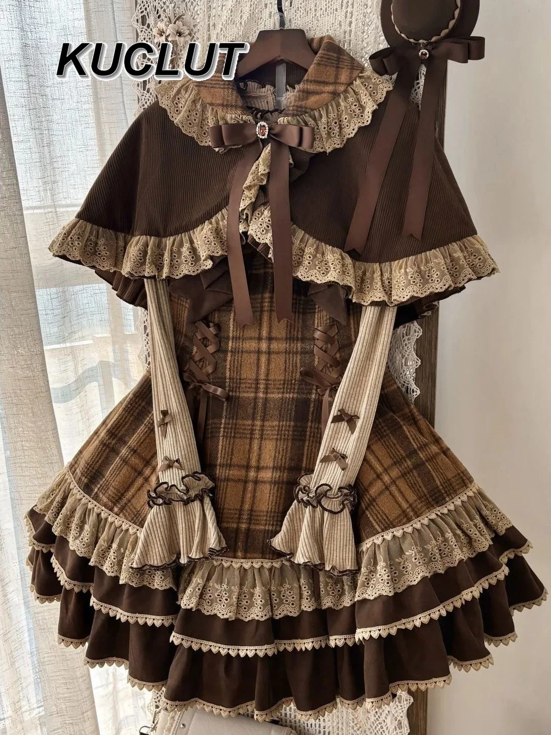 Dames 2-delige sets herfst winter lief meisje lolita stijl basisshirt vintage geruite band jurk cape jas set voor meisje