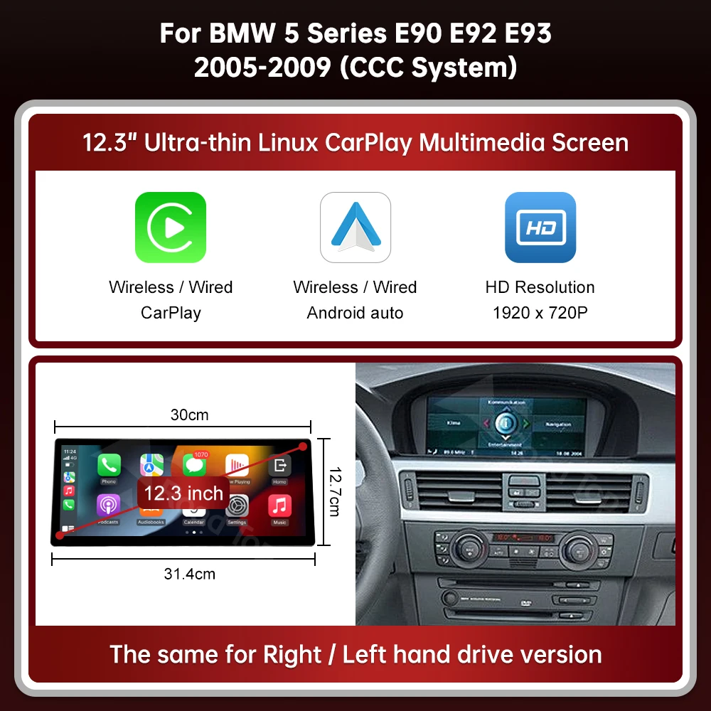 DE RoadTop 12.3'' Draadloze CarPlay Linux Ultradun scherm voor BMW Serie 3 5 E60 E61 E90 E91 E92 E93 CCC CIC Multimedia Display