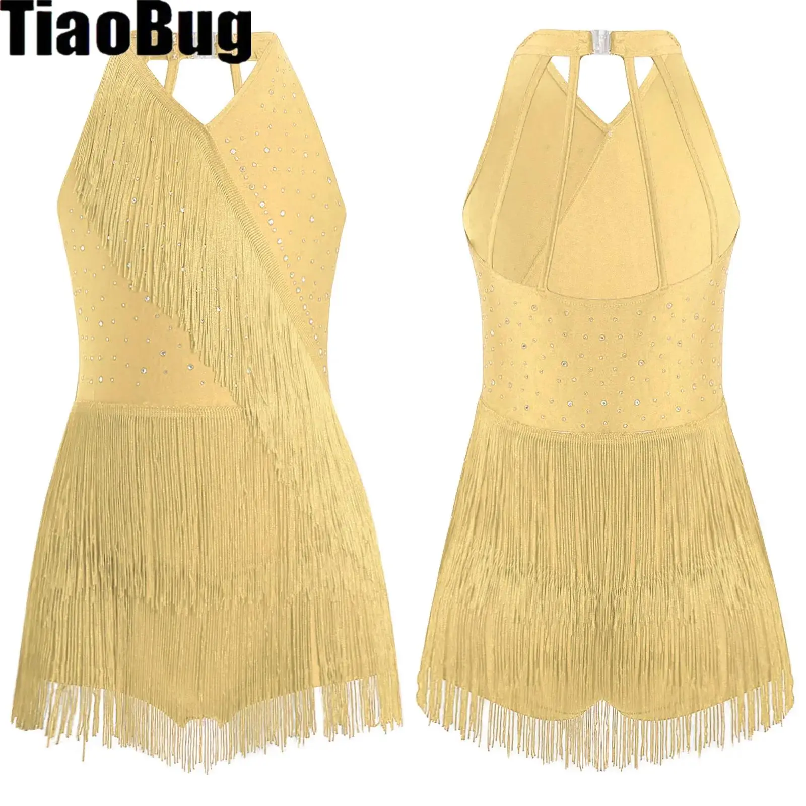 

Girls Latin Dance Leotard Dress Rhinestones Fringe Cha-cha Samba Salsa Costume Halter Sleeveless Strappy Back Tassel Jumpsuits