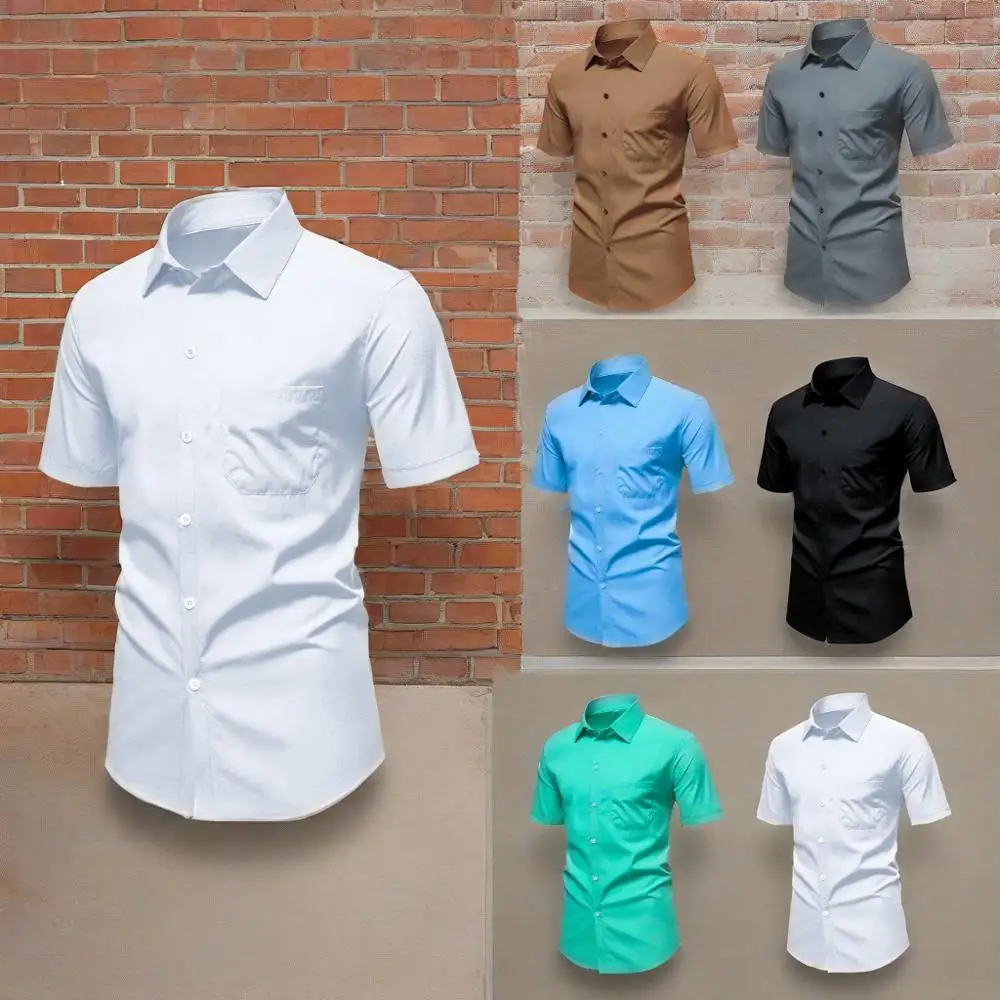 

Мужская летняя однотонная рубашка с короткими рукавами и лацканами, повседневный дышащий однотонный кардиган, мужские уличные универсальные топы