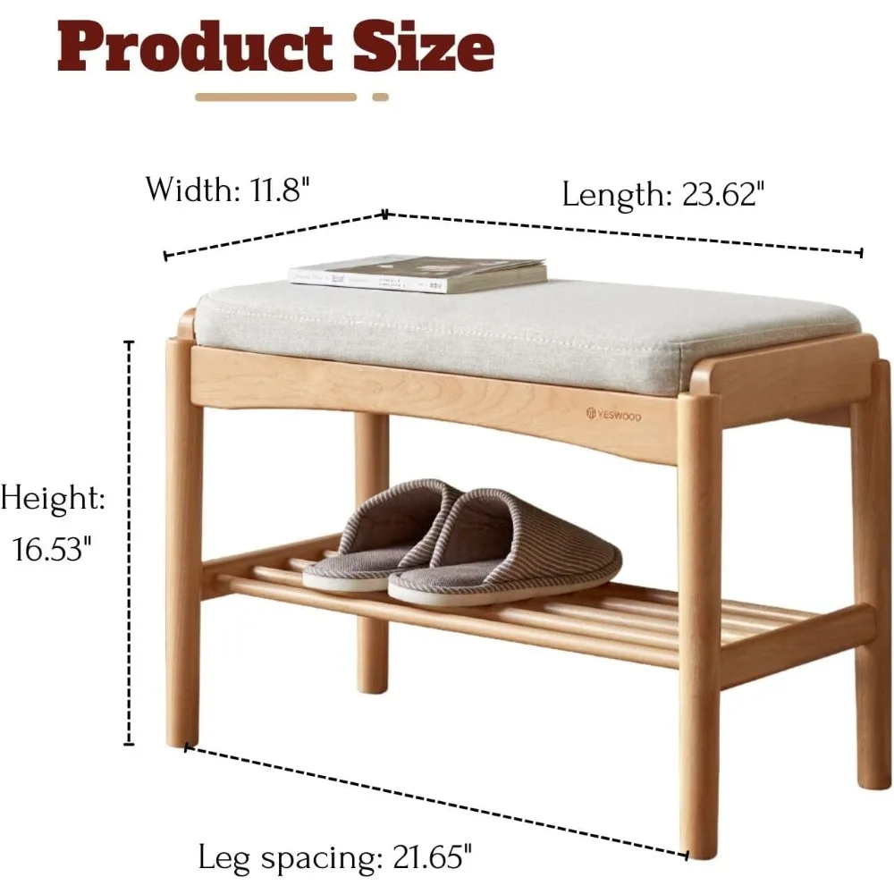 Деревянная скамья для хранения обуви с подушкой для прихожей, гостиной и прихожей — 11,8 x 23,6 x 16,5 дюймов