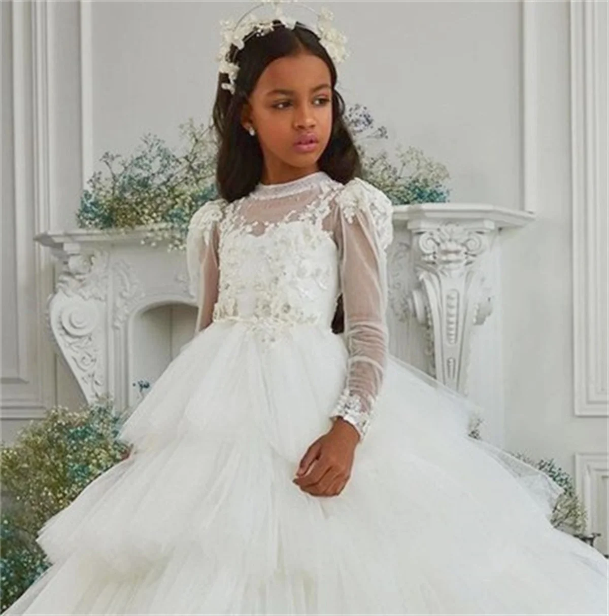 Flower Girl Dress White Layered Fluffy Tulle Lace Bow Wedding Elegant Flower Child Birthday Communion Celebration Party Dress